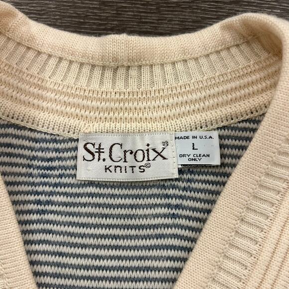 EUC Vintage St. Croix Knits Wool V Neck Sweater Cream Blue Diamond USA Made Sz L - Picture 4 of 16